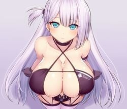 1girls after_paizuri alternate_costume asamura_hiori azur_lane bikini blue_eyes blush breasts closed_mouth cum cum_on_body cum_on_breasts cum_on_upper_body eyebrows_visible_through_hair female garter_straps gloves hair_between_eyes hair_ornament highres huge_breasts light-skinned_female light_skin long_hair looking_at_viewer looking_up one_side_up painttool_sai_(medium) photoshop_(medium) purple_bikini race_queen shadow shoukaku_(azur_lane) shoukaku_(sororal_wings)_(azur_lane) solo swimsuit thighhighs white_hair white_legwear