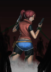 1girls belt breasts capcom claire_redfield denim denim_shorts dual_wielding female firearm green_eyes gun handgun k2shh light-skinned_female multiple_boys multiple_penises ponytail red_hair redhead resident_evil resident_evil_2 sidelocks solo teeth vest weapon zombies