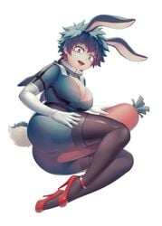 1girls adapted_costume alternate_costume areola areola_slip areolae big_ass big_breasts bunny_ears bunny_girl bunny_tail cameltoe carrot cleavage clothed clothing female female_deku female_focus female_only freckles genderswap green_eyes green_hair hand_on_thigh heart-shaped_pupils heels hero_outfit_(mha) high_heels izuku_midoriya looking_at_viewer my_hero_academia red_shoes rule_63 salmon_(657931354) shoes solo solo_female solo_focus symbol-shaped_pupils teeth thick_thighs thighs tight_clothing tongue tongue_out uncensored white_background