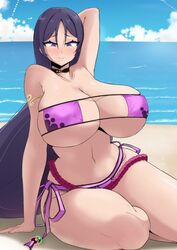 b1ackgoldsaw beach big_breasts eyepatch_bikini fate/grand_order fate_(series) female female_focus female_only long_hair milf minamoto_no_raikou_(fate/grand_order) nipples nipples_visible_through_clothing solo solo_female solo_focus