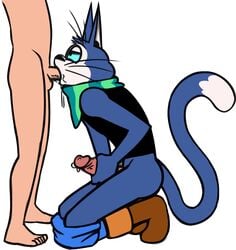 anthro blue_body blue_fur blue_sclera boots cartoon_network cattus_the_one_blade clothed clothing domestic_cat felid feline felis fellatio footwear fur genitals handjob hi_res human human_on_anthro humanoid_genitalia humanoid_penis interspecies kneeling male male/male mammal mighty_magiswords oral pants_down partially_clothed penile penis redout scarf sex white_background zeigram