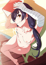 1girls areolae armpits bakemonogatari bandages barefoot blue_hair blush book breasts brown_eyes casual_nudity feet female from_above inu_(aerodog) kanbaru_suruga legs long_hair long_legs looking_at_viewer lying monogatari_(series) navel nipples nude on_back open_book perspective small_breasts smile solo tied_hair twintails