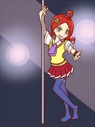 1girls ahoge andou_ringo drill_hair hairclip kudagitsune pole_dancing puyo_puyo puyo_puyo_7 red_hair school_uniform schoolgirl skirt stockings stripper_pole striptease twin_drills twintails