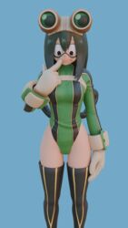 1girls 3d blender euro female female_only goggles goggles_on_head green_hair hero_outfit_(mha) leotard long_hair looking_down my_hero_academia shy solo tsuyu_asui