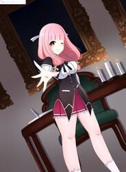 bare_legs breasts candle cosplay crossover fire_emblem fire_emblem_fates high_school_dxd kuoh_academy_school_uniform mitama mitama_(fire_emblem) pink_hair school_uniform short_dress short_skirt smile smirk star-shaped_pupils thighs usagisii wink