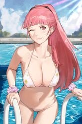 1girls bikini female fire_emblem fire_emblem:_three_houses getting_out_of_pool hilda_valentine_goneril j@ck lips looking_at_viewer pink_eyes pink_hair ponytail pool solo standing sunlight swimming_pool swimsuit water wink