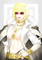 bangs black_coat blonde_hair bob_cut bracelet breasts changyexs cigarette coat fate/grand_order fate_(series) female fur-trimmed_coat fur_trim genderswap_(mtf) highleg highleg_panties jacket_on_shoulders jewelry large_breasts lipstick makeup nail_polish necklace open_clothes open_shirt panties pendant pink-tinted_eyewear pink-tinted_glasses purple-tinted_eyewear purple-tinted_glasses purple_lipstick purple_nails ring rule_63 sakata_kintoki_(fate/grand_order) shiny sleeves_folded_up smile solo sunglasses tinted_eyewear underwear upper_body