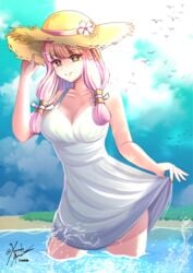 1girls bare_legs breasts dress dress_lift female fire_emblem fire_emblem_fates fully_clothed hat mitama_(fire_emblem) nude_female partially_submerged pink_hair pussy smile solo star-shaped_pupils straw_hat sunlight thighs water xanadu_avici xanaduavici