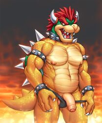 1boy bara bowser fire flaccid foreskin kora-jo male male_only mario_(series) muscular nipples open_mouth penis penis_out solo standing tail testicles underwear