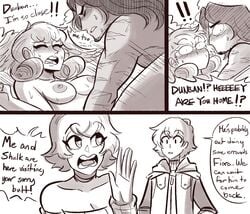 2boys 2girls blush breasts closed_eyes comic deepbeef dialogue dunban_(xenoblade) fiora_(xenoblade) interrupted melia_antiqua missionary_position monochrome nintendo nipples open_mouth scruffyturtles shulk_(xenoblade) sweat text wide_eyed xenoblade_(series) xenoblade_chronicles