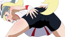 1girls 2020 2020s ass behind_view bike_shorts black_shorts blonde_hair blue_eyes blush cameltoe gironman helmet human korrina_(pokemon) long_hair looking_back nintendo pale-skinned_female pale_skin pokemon pokemon_xy shorts shorts_under_skirt skirt spats thick_ass thick_thighs tomboy white_background