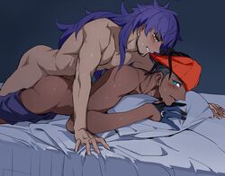 2boys ass human leon_(pokemon) long_hair lying male_only meiji770 muscular nude pillow pokemon pokemon_ss purple_hair raihan_(pokemon) sex yaoi