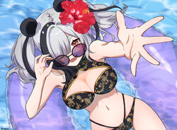 1girls :d adjusting_eyewear adjusting_glasses amopui animal_ears arknights artist_name bangs bear_ears bear_girl bikini black_bikini black_hair breasts cleavage commentary eyebrows_visible_through_hair feater_(arknights) female flower hair_flower hair_ornament hair_over_one_eye hands_up hibiscus highres innertube large_breasts long_hair looking_at_viewer looking_over_eyewear looking_over_glasses multi-strapped_bikini multicolored_hair navel open_mouth panda_ears purple-tinted_eyewear purple-tinted_glasses red_eyes red_flower silver_hair smile solo stomach streaked_hair sunglasses swimsuit thick_eyebrows tinted_eyewear twintails twitter_username water