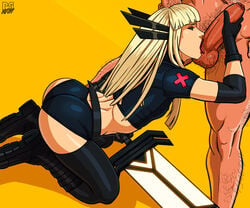 1girls big_ass big_butt blonde_hair blue_eyes drawn illyana_rasputin licking long_hair magik_(illyana_rasputin) marvel marvel_comics pumpkinsinclair shorts stockings unseen_male_face x-men