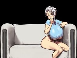 alternate_version_available big_breasts blue_shirt blushing bottomless braid braided_hair breast_press breasts busty couch cow_girl elin_(legend_of_queen_opala) embarrassed female half_naked hand_over_mouth horns huge_breasts legend_of_queen_opala long_breasts looking_at_viewer matching_hair/eyes nipple_bulge no_pants partially_clothed purple_skirt r_ex shirt shirt_only short_skirt short_sleeves shy silver_eyes silver_hair single_braid sitting skinny small_but_busty small_horns smaller_female sofa solo underboob white_hair white_horns white_skin