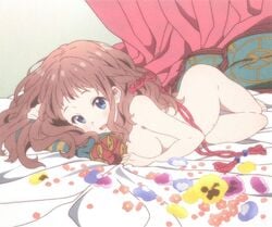 ass bed blue_eyes kyoukai_no_kanata lying nude official_art red_hair shindou_ai solo_female