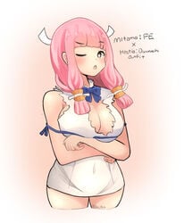 alternate_costume big_breasts blush cosplay dungeon_ni_deai_wo_motomeru_no_wa_machigatteiru_darou_ka fire_emblem fire_emblem_fates hestia_(danmachi)_(cosplay) large_breasts mitama mitama_(fire_emblem) one_eye_closed pink_hair pout sae_art solo_female star-shaped_pupils thighs