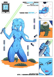 2011 aayla_secura attack_of_the_clones blue_skin closed_eyes dianoga female gercrow green_eyes green_lightsaber jedi jedi_master kyber_crystal lightsaber medium_breasts nipples star_wars twi'lek url vulva