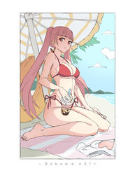 beach bikini blunt_bangs bubble_tea female fire_emblem fire_emblem:_three_houses hilda_valentine_goneril innertube large_breasts looking_at_viewer ocean pink_hair seaside swimsuit twintails zedoraart