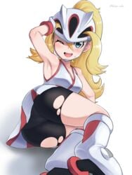 1girls armpits ass blade_ride blonde_hair blue_eyes blush breasts cameltoe female human korrina_(pokemon) long_hair nintendo one_eye_closed pale-skinned_female pale_skin pokemon pokemon_xy ponytail sweat thick_thighs thighs torn_clothes torn_leggings torn_shorts