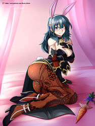 1girls ass big_ass blue_eyes blue_hair bunny_ears bunny_girl bunnysuit byleth_(fire_emblem) byleth_(fire_emblem)_(female) carrot cleavage female female_only fire_emblem fire_emblem:_three_houses high_heels hocen large_breasts leggings long_hair nintendo solo