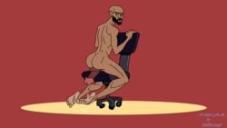 1boy animated bald belascocomix chair cum_dripping_from_penis cum_on_floor cumming cumshot dark-skinned_male erection facial_hair gay large_penis looking_at_viewer loop masturbation nude red_background rubbing rubbing_penis_on_chair thrusting_forward