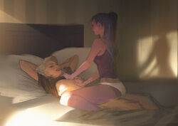 2d ashe_(overwatch) blizzard_entertainment efferwescent female female_focus female_only in_bed laying laying_back laying_down laying_on_bed lift_shirt lifting_clothing lips lipstick makeup mole mole_above_mouth overwatch painting_(artwork) panties purple_hair red_lips red_lipstick romantic romantic_ambiance shirt_lift shirt_up sitting sitting_on_person soft_shading straddle straddling touching touching_breast white_hair white_panties widowmaker yuri