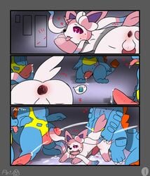 anal anthro bodily_fluids comic croconaw cum cum_in_ass cum_inside cumshot digital_media_(artwork) eeveelution ejaculation feral feraligatr genital_fluids group hi_res male male/male male_only male_sylveon nintendo petro_(artist) pokémon_(species) pokemon pokemon_(species) sylveon totodile video_games