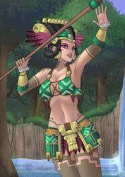 1girls awilix_(smite) black_hair blue_eyes breasts cleavage clothed clothed_female deity earrings female female_only forest goddess godichi makeup mayan_mythology river smite spear waterfall weapon