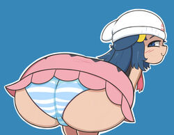 1girls ass ass_focus bent_over blue_background blue_eyes blue_hair blush closed_mouth dawn_(pokemon) female from_behind hat high_resolution huge_ass human looking_at_viewer looking_back lotikmac nintendo panties pokemon pokemon_dppt shimapan simple_background skirt sleeveless solo striped striped_panties striped_underwear underwear very_high_resolution