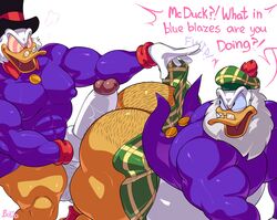 2boys absurd_res anatid anseriform anthro ass avian balls beak beard big_butt big_muscles bird bobthetanuki bottomwear clothing digital_media_(artwork) disney duck ducktales duo erection extrasizedbob eyewear facial_hair flintheart_glomgold fur gay genitals glasses hat headgear headwear hi_res holding_penis huge_cock male male/male male_only mammal muscular muscular_male penis ringed_eyes scrooge_mcduck simple_background text thick_thighs top_hat what yaoi