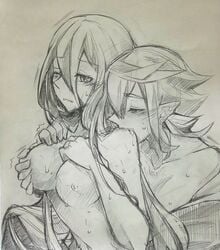 1boy 1girls azura_(fire_emblem) azurrin biting black_and_white blush corrin_(fire_emblem) corrin_(fire_emblem)_(male) cousins fire_emblem fire_emblem_fates fondling incest medium_breasts nipples pointy_ears shiratsu_(white-seaside) sketch straight very_long_hair