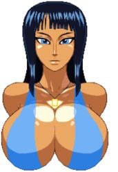 1girls big_breasts black_hair blue_dress blue_eyes breasts casetermk dark-skinned_female dark_skin dress female female_only huge_breasts large_breasts long_hair looking_at_viewer necklace nico_robin one_piece pixel_art pre-timeskip smile smiling solo transparent_background