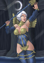 1girls alternate_costume angel awilix_(smite) breasts cave cleavage clothed clothed_female dark-skinned_female dark_skin deity female female_only glowing_eyes goddess godichi mayan_mythology midnight_dove_awilix open_mouth short_hair smite spear weapon white_eyes white_hair