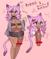 2018 animal_humanoid before_and_after blush breasts cat_humanoid censored cyrie felid felid_humanoid feline feline_humanoid futanari genitals green_eyes gynomorph hair humanoid intersex looking_at_viewer mammal mammal_humanoid penis pink_hair smile transformation waddling_head