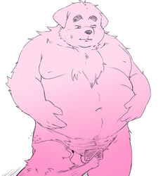 2020 anthro balls belly bodily_fluids canid canine canis domestic_dog duo genitals inunoshippo kemono male male_only mammal moobs navel nipples overweight overweight_male simple_background sweat white_background