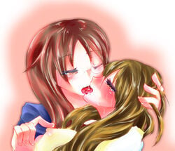 2010 2girls blush breasts brown_hair female female_only glasses human human_only k-on! kissing multiple_girls nipples sawako_yamanaka_(k-on!) tachibana_himeko_(k-on!) teacher teacher_and_student tongue tongue_out yuri