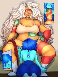 1futa 1girls blue_hair blue_skin bottomless cleavage clenched_teeth close-up closed_eyes deepthroat fellatio futanari grin jasper_(steven_universe) lapis_lazuli_(steven_universe) larger_futanari long_hair oral orange_skin panels penis pikolo82 plump_lips sex sitting size_difference steven_universe thick_lips thick_penis thick_thighs veiny_penis