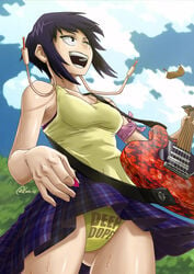 1girls accidental_exposure black_eyes earlobe_jacks earlobes electric_guitar emo eyelashes eyeshadow female fringe guitar guitar_pick happy kyoka_jiro looking_up luizhtx musical_instrument my_hero_academia open_mouth panties pantyshot purple_hair short_hair skinny skirt solo solo_female sweat teenager text_on_panties viewed_from_below wind