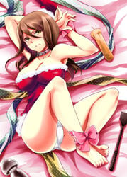 1girls angry ass bed breasts brown_hair choker crop feet female female_focus female_only human human_only k-on! lying_down nipples nipples_visible_through_clothing panties santa_costume tachibana_himeko_(k-on!) tied_up toy yellow_eyes