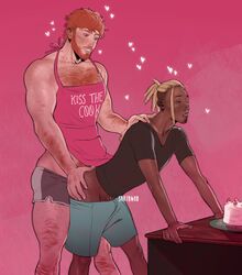 2boys against_table apron bottomless cake clothed_sex dreadlocks erect_while_penetrated gay human human_only interracial male_only male_penetrated muscular pink_background sarybomb sex standing standing_sex table taken_from_behind yaoi