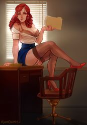 big_breasts biting_lip breasts_out curly_hair high_heels holding_object looking_at_viewer momodeary red_hair seductive shirt_down sitting_on_table skirt_up stockings