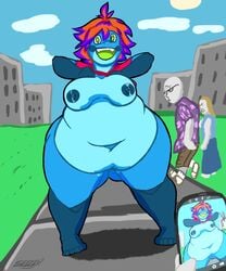 2020 amphibian anthro big_chungus blue_body blue_nipples bottomless breasts clothed clothing clothing_lift detailed_background dustin_(sfd) exhibitionism female flashing frog green_eyes green_tongue hair hi_res highlights_(coloring) meme navel nipples obese obese_female orange_hair overweight overweight_female phone presenting presenting_breasts public purple_highlights shadowfirdark shirt shirt_lift taking_picture thick_thighs tongue topwear