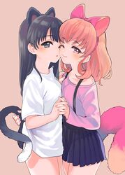 2girls amezawa_koma looking_at_viewer multiple_girls one_eye_closed red_hair tagme tail tail_grab