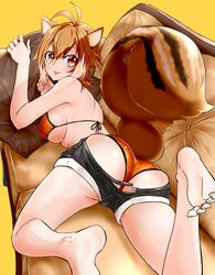 1girls animal_ears ass bikini blazblue chuka daisy_dukes daisy_dukes_bikinis_on_top large_breasts looking_back makoto_nanaya on_side pants_down smile solo squirrel_ears squirrel_humanoid squirrel_tail