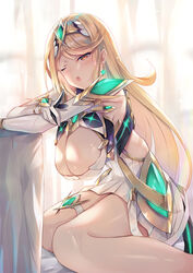 1girls blonde_hair hanging_breasts inoue_takuya_(pixiv_99697) kneeling large_breasts long_hair mythra_(xenoblade) nintendo one_eye_closed solo thick_thighs xenoblade_(series) xenoblade_chronicles_2 yawn yawning