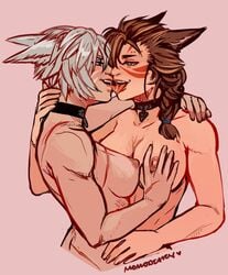 2girls cat_ears choker cuddling face_paint final_fantasy final_fantasy_xiv kissing looking_at_another miqo'te momodeary multiple_girls scar tongue_out yuri