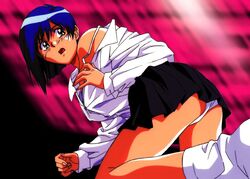 1girls 90s ass blue_eyes blue_hair bob_cut bra bra_strap breasts clothed clothing eyebrows_visible_through_hair female female_only highres imminent_rape kneeling komori_takahiro looking_back matching_hair/eyes medium_breasts official_art open_mouth panties pantyshot scared shirt short_hair simple_background skirt skirt_up socks sogna solo strap_slip thighs tongue underwear viper_(series) viper_v10 white_panties yuki_(viper)