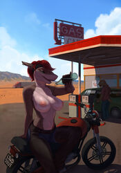 anthro bottle casual clothing desert ear_piercing female furry gas_pump huge_breasts motorcycle neracoda outdoors piercing piercings pouring pouring_on_self public public_nudity shark sky topless truck water water_bottle