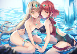 2girls ass blonde_hair blush female_only inoue_takuya_(pixiv_99697) kneeling large_breasts long_hair multiple_girls mythra_(xenoblade) nintendo one-piece_swimsuit pyra_(xenoblade) red_eyes red_hair short_hair smile swimsuit thick_thighs wet xenoblade_(series) xenoblade_chronicles_2